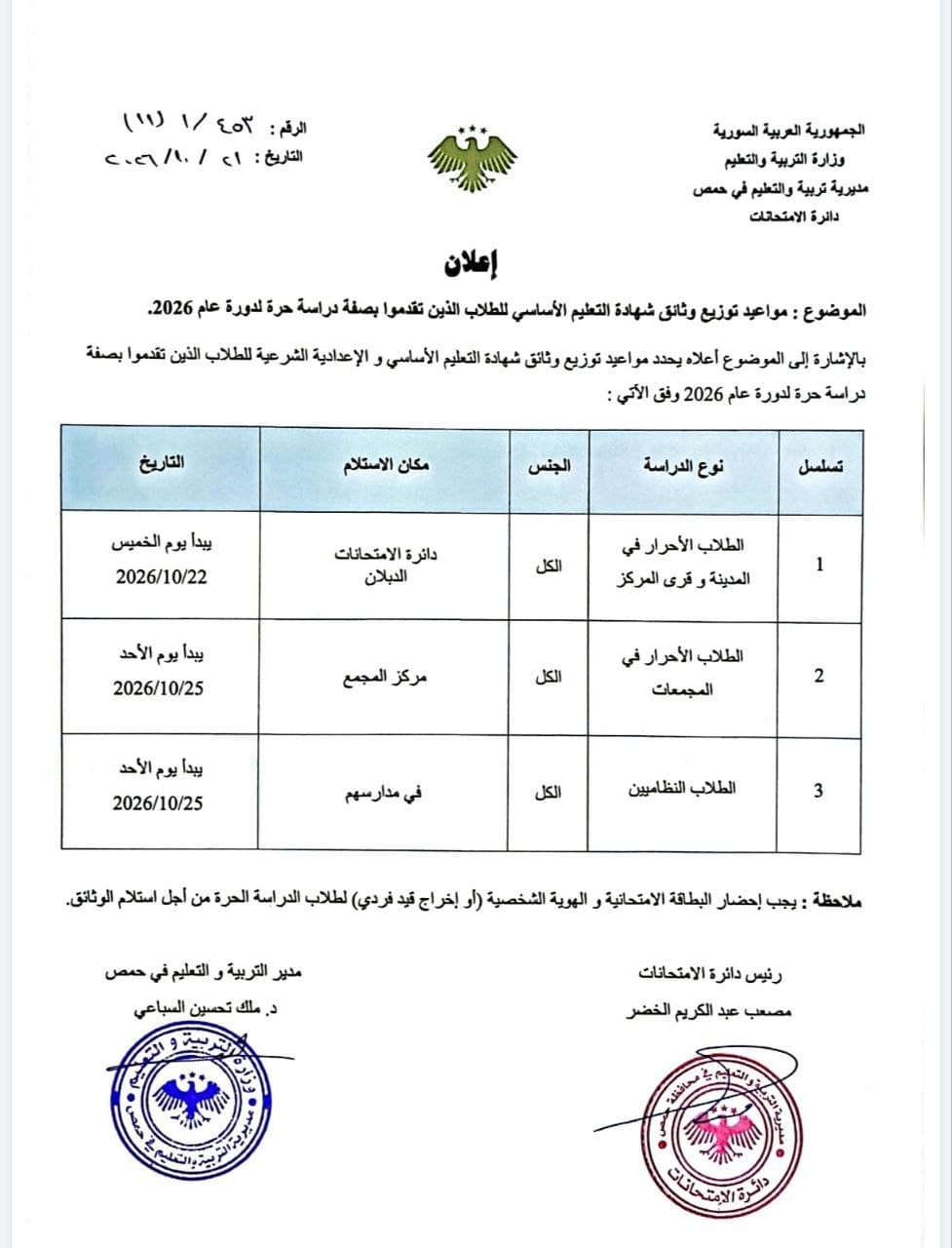 تعلن مديرية التربية والتعليم في حمص عن بدء توزيع وثائق شهادة التعليم الأساسي والإعدادية الشرعية لعام 2026،